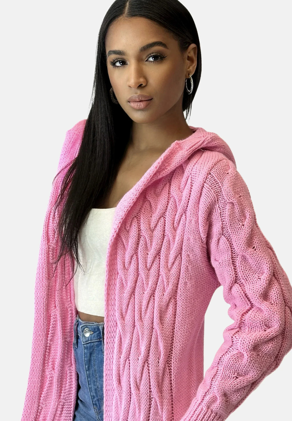 Lang strikkejakke med hette og struktur for dame – bomullsblanding i beige og rosa