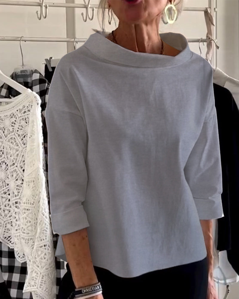 Bluse med nedbrettet krage og 3/4-ermer for dame – i bomull og polyester