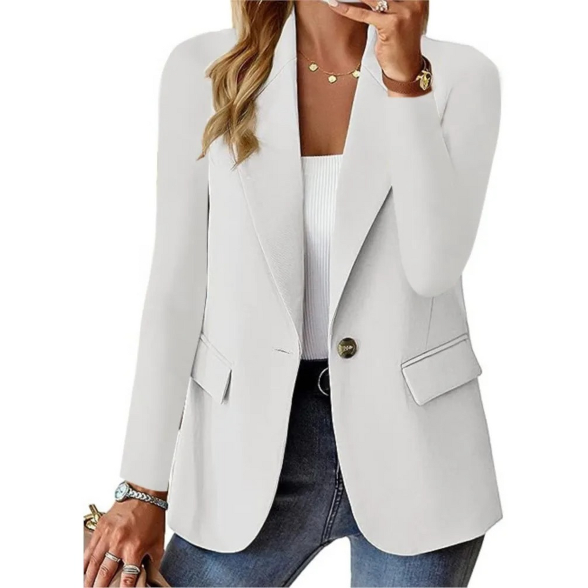 Ensfarget blazer med lange ermer og lommer for dame – avslappet og elegant