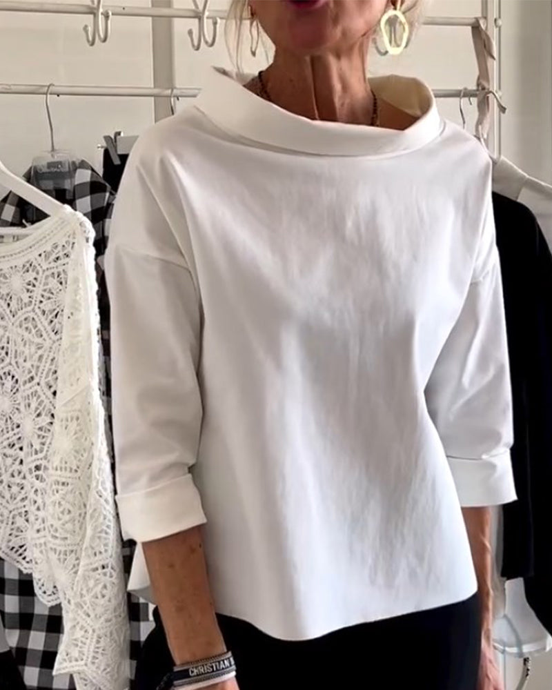 Bluse med nedbrettet krage og 3/4-ermer for dame – i bomull og polyester
