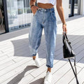 Avslappet streetwear-jeans med høyt liv for dame – slitt blå denim
