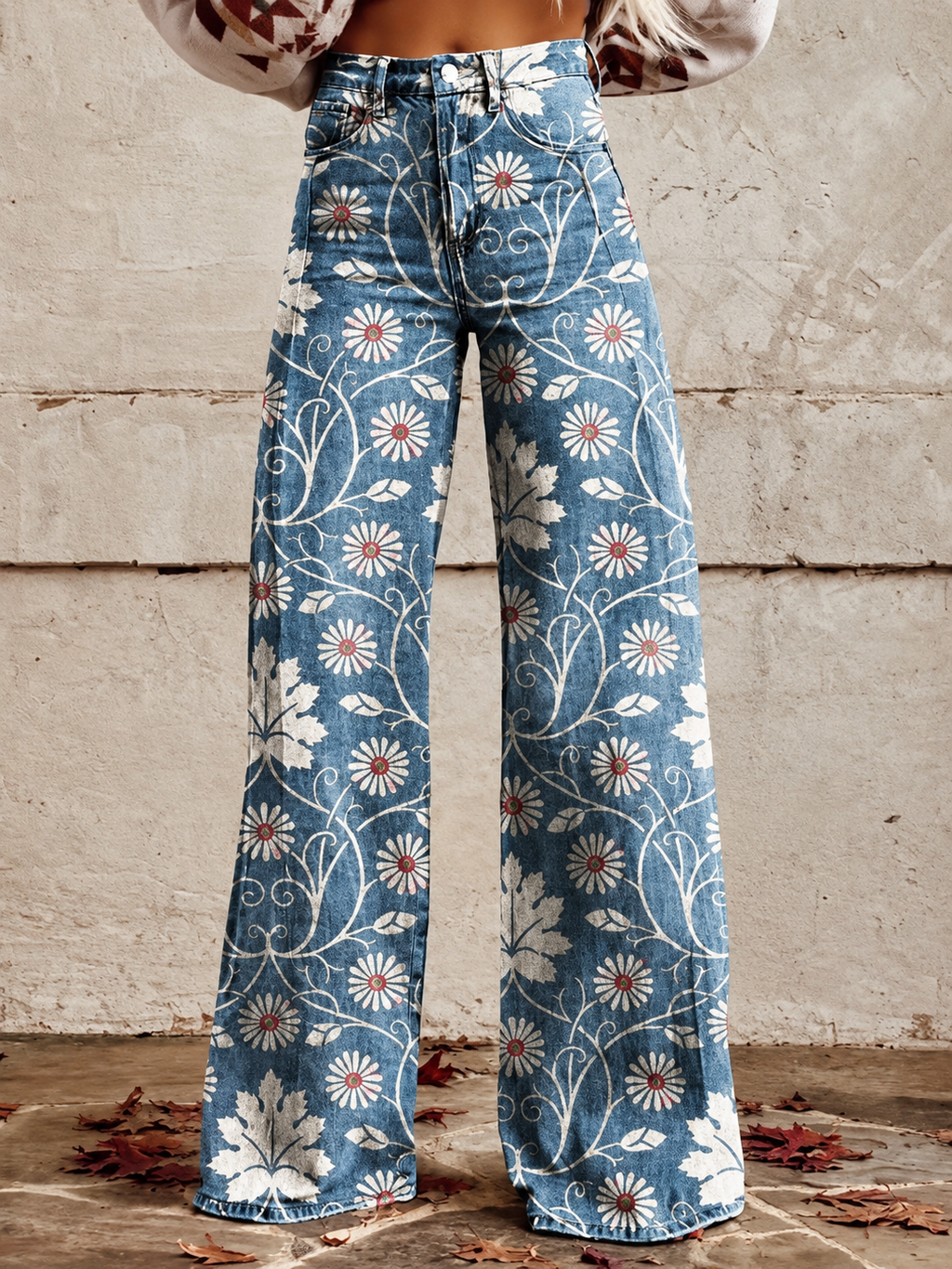 Jeans med blomstertrykk og stretch for dame – feminin og moderne