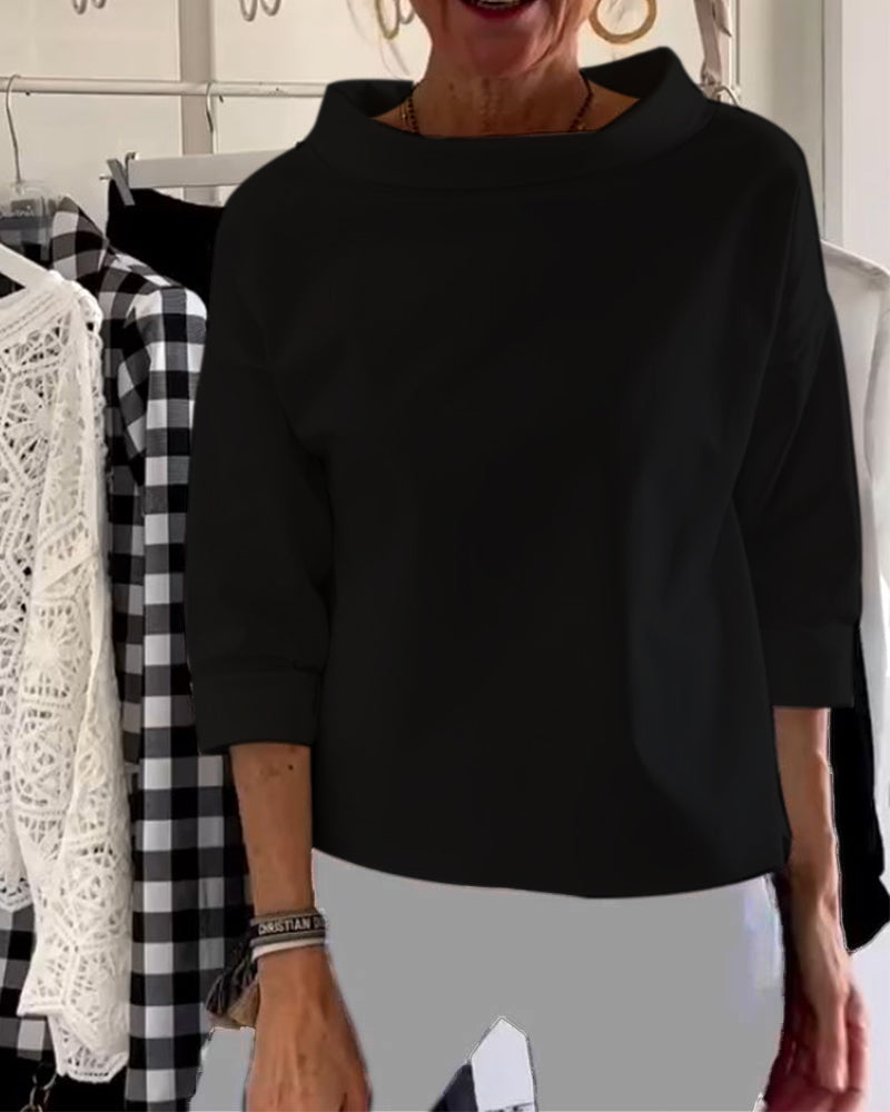 Bluse med nedbrettet krage og 3/4-ermer for dame – i bomull og polyester