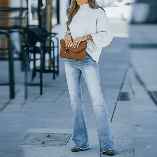 Utsvingt stretchjeans med høyt liv for dame – lys vintagevask i boho-stil
