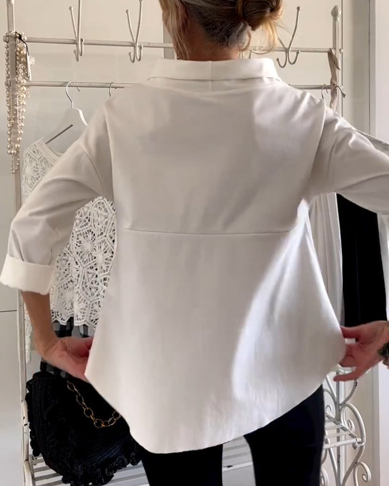 Bluse med nedbrettet krage og 3/4-ermer for dame – i bomull og polyester