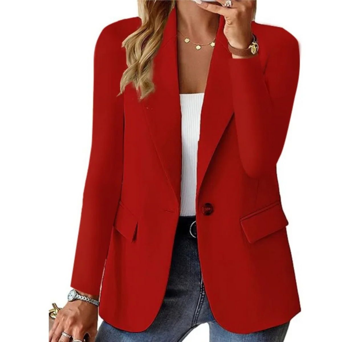 Ensfarget blazer med lange ermer og lommer for dame – avslappet og elegant