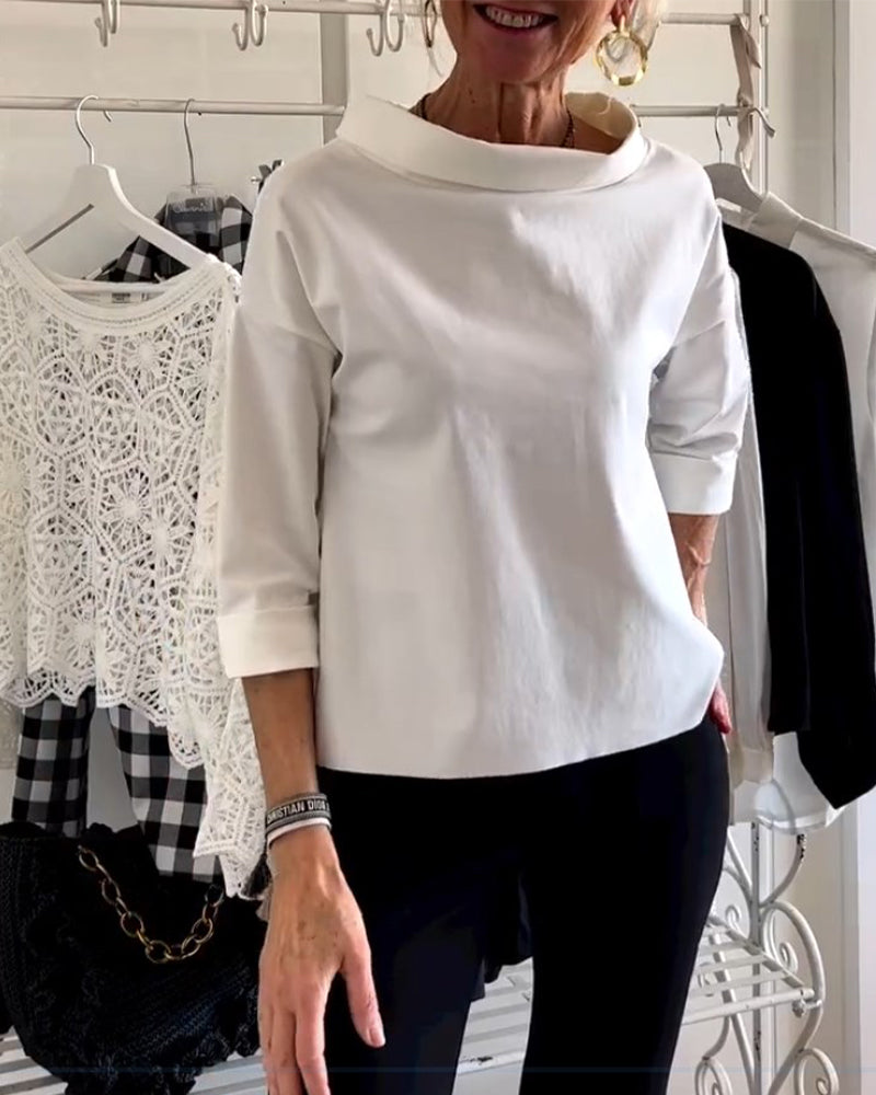 Bluse med nedbrettet krage og 3/4-ermer for dame – i bomull og polyester