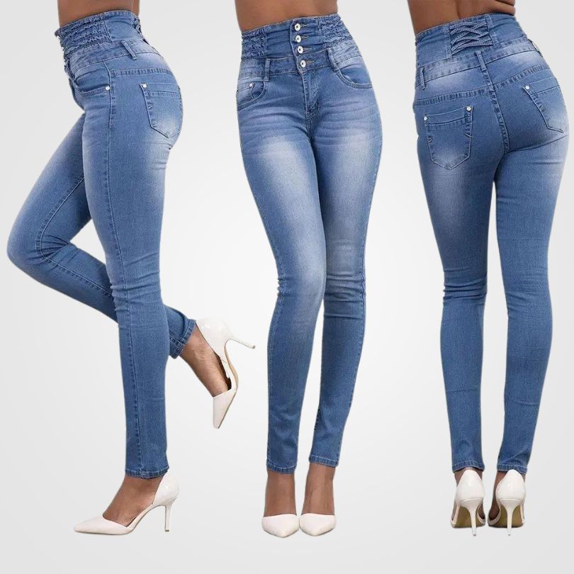 Behagelig jeans med høyt liv for dame – smigrende passform i fire farger