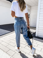 Avslappet streetwear-jeans med høyt liv for dame – slitt blå denim