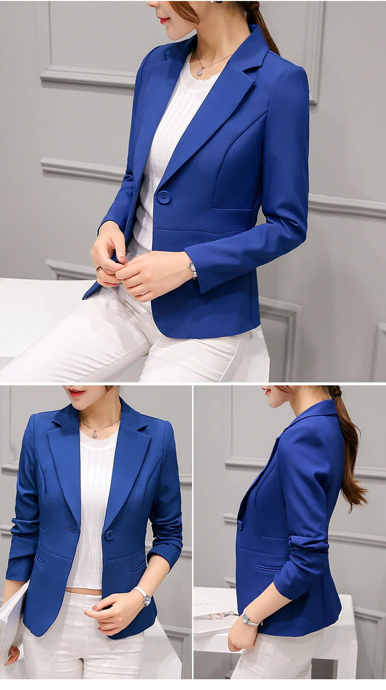 Kort slim fit blazer med lommer for dame – kontorblazer med hakkrage og én knapp
