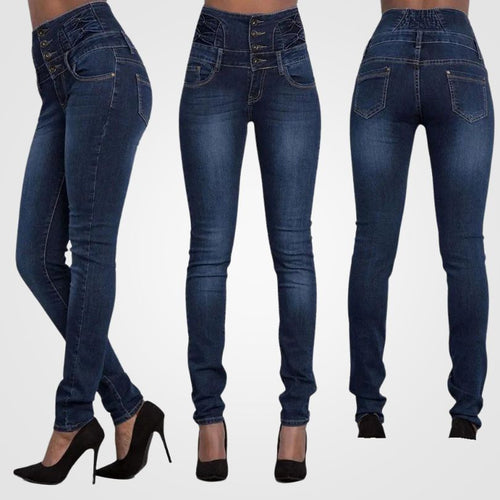 Behagelig jeans med høyt liv for dame – smigrende passform i fire farger