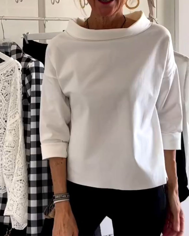 Bluse med nedbrettet krage og 3/4-ermer for dame – i bomull og polyester
