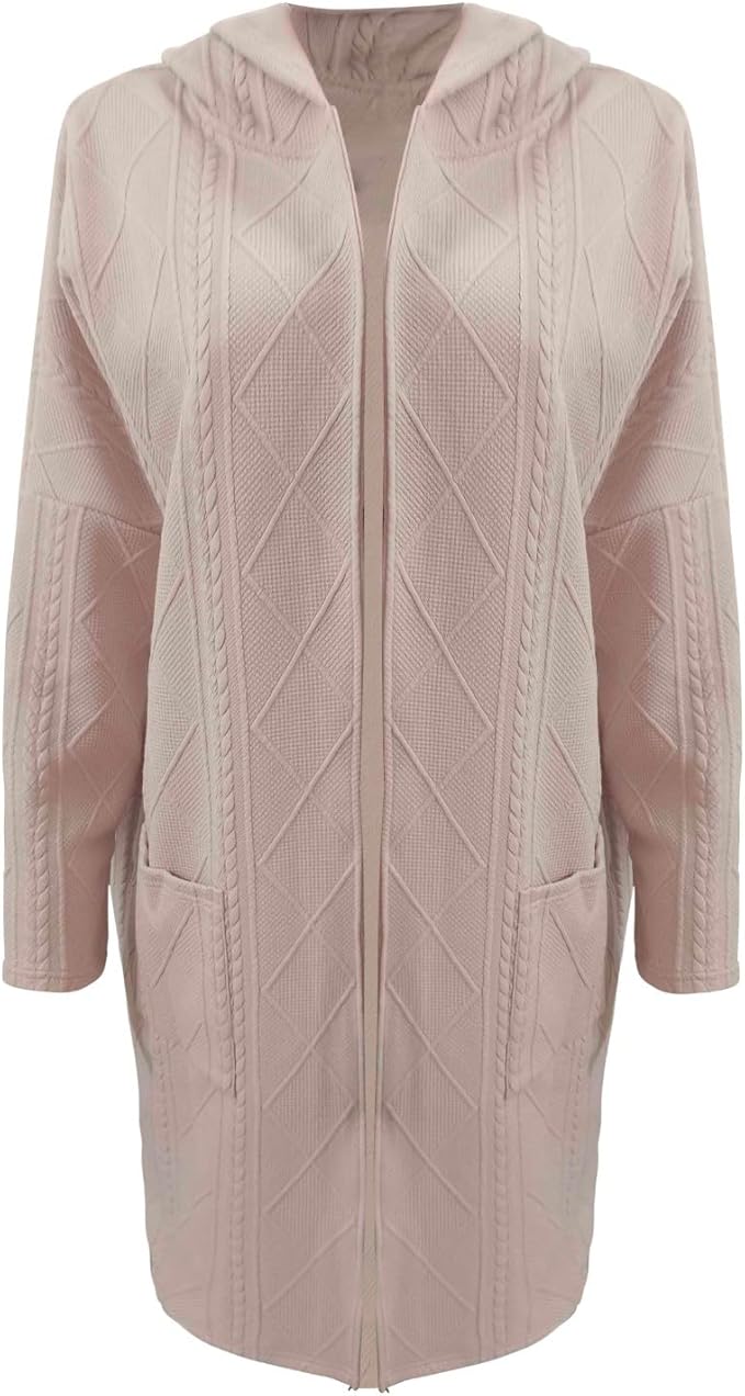 Lang strikkejakke med hette og struktur for dame – bomullsblanding i beige og rosa