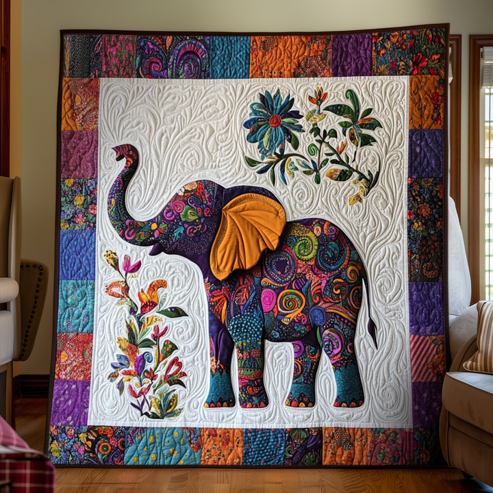 Quiltet pledd - Elefant i blomsterfest