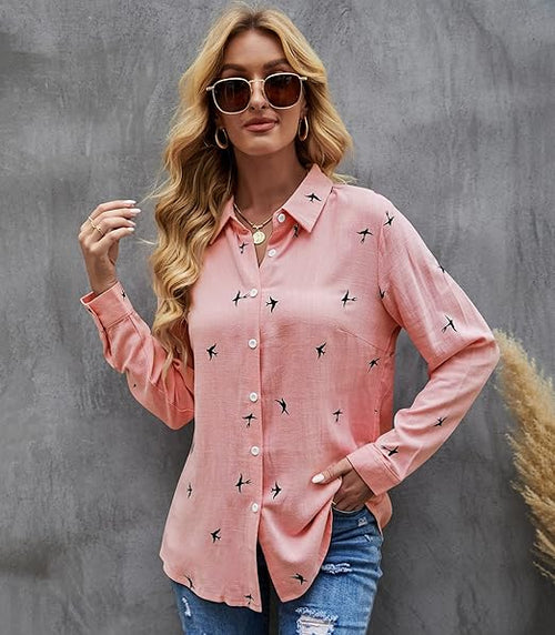 Avslappet bluse for dame ensfarget eller med fuglemønster – til kontor og fritid, S–5XL