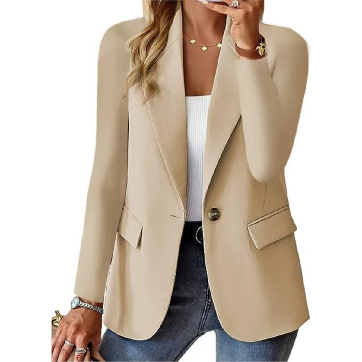 Ensfarget blazer med lange ermer og lommer for dame – avslappet og elegant