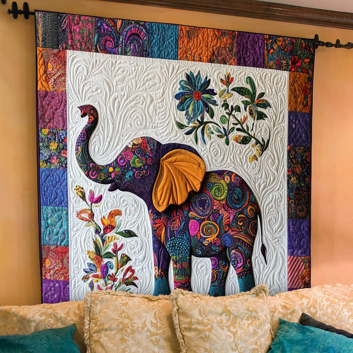 Quiltet pledd - Elefant i blomsterfest