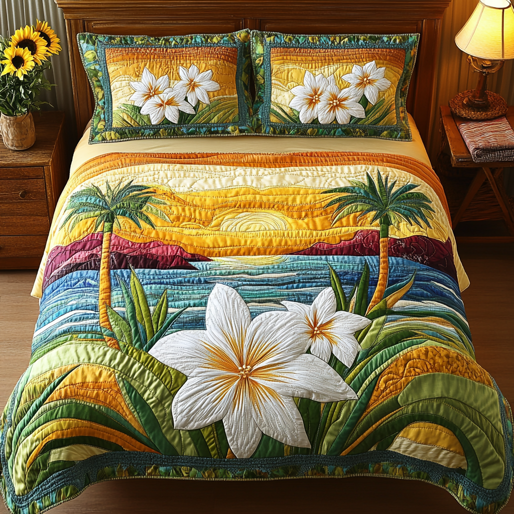 Sengesett 3 deler - Plumeria og palmer ved stranden
