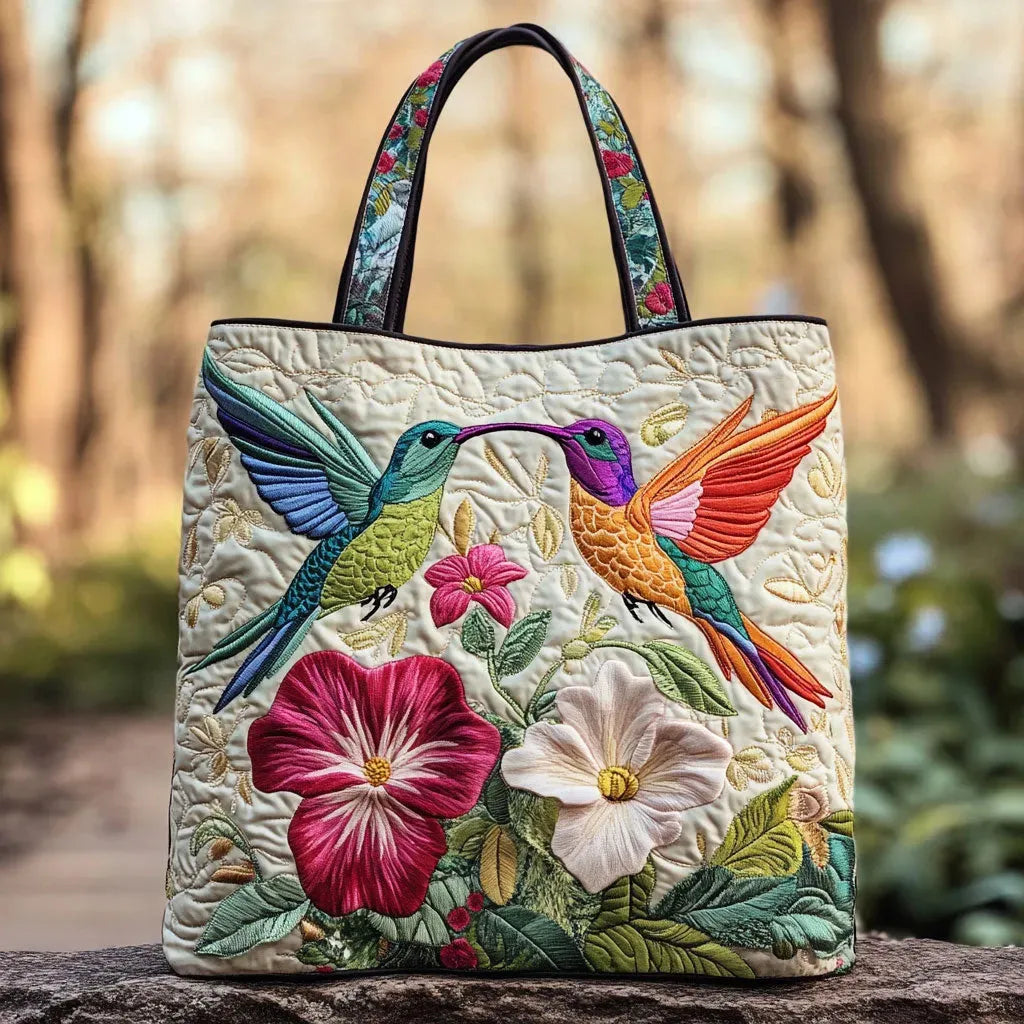 Håndlaget veske - Kolibri blant rosa og hvite blomster