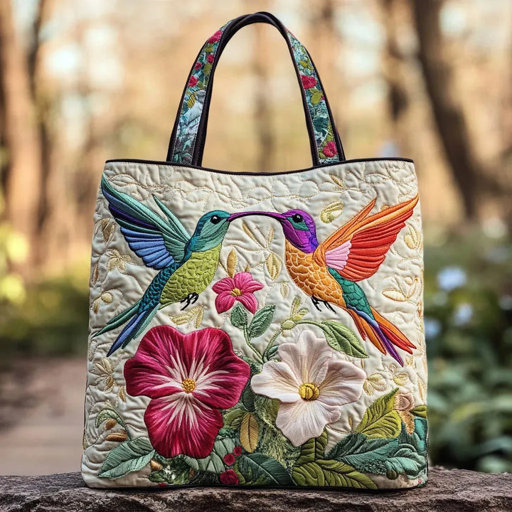 Håndlaget veske - Kolibri blant rosa og hvite blomster