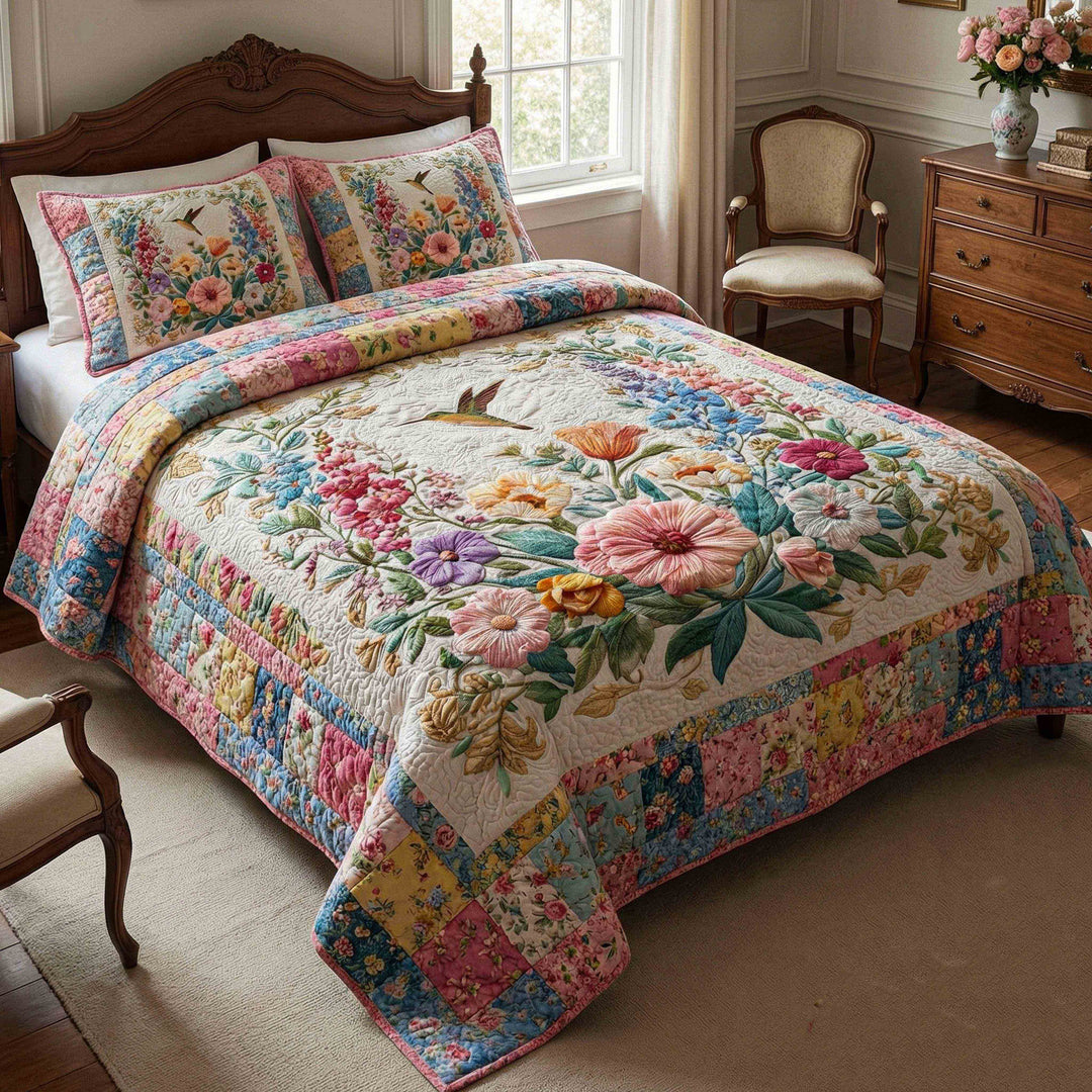 Sengesett 3 deler - Blomsterenger i pastellpatchwork
