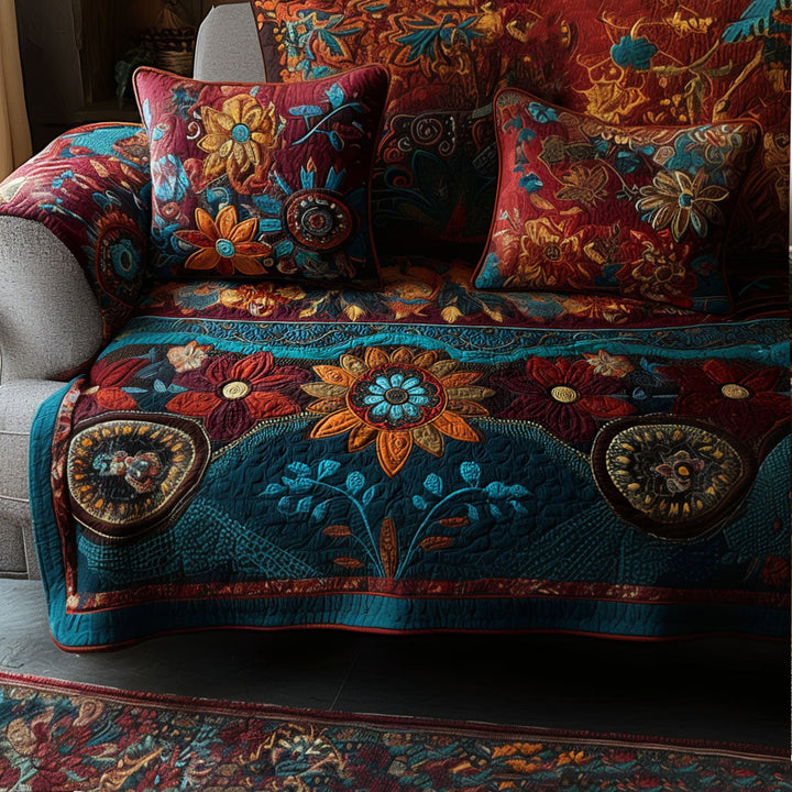 Sofatrekk - Boho-blomstereng i turkis og rødt