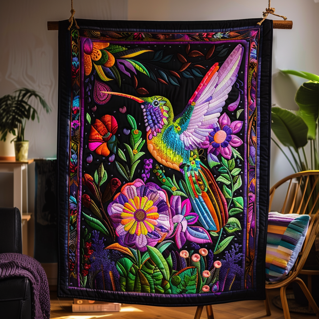 Quiltet pledd - Kolibri blant lilla blomster