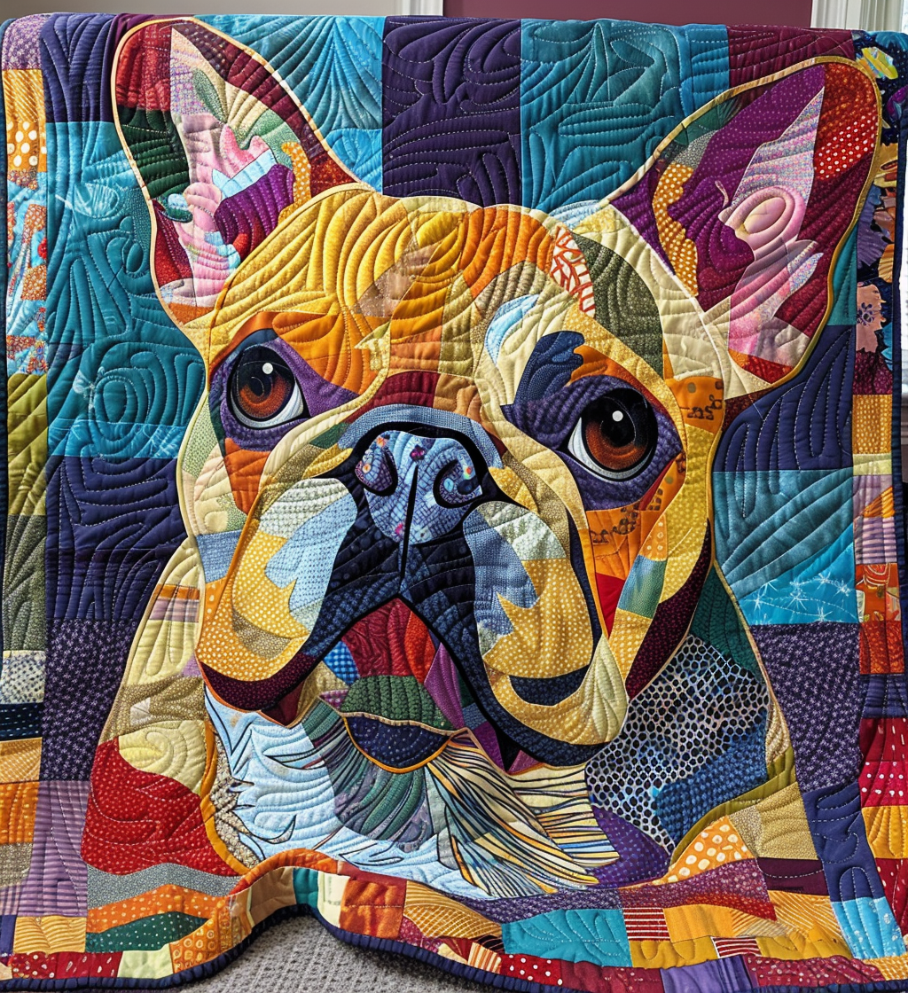 Quiltet pledd - Fransk bulldog i sterke farger