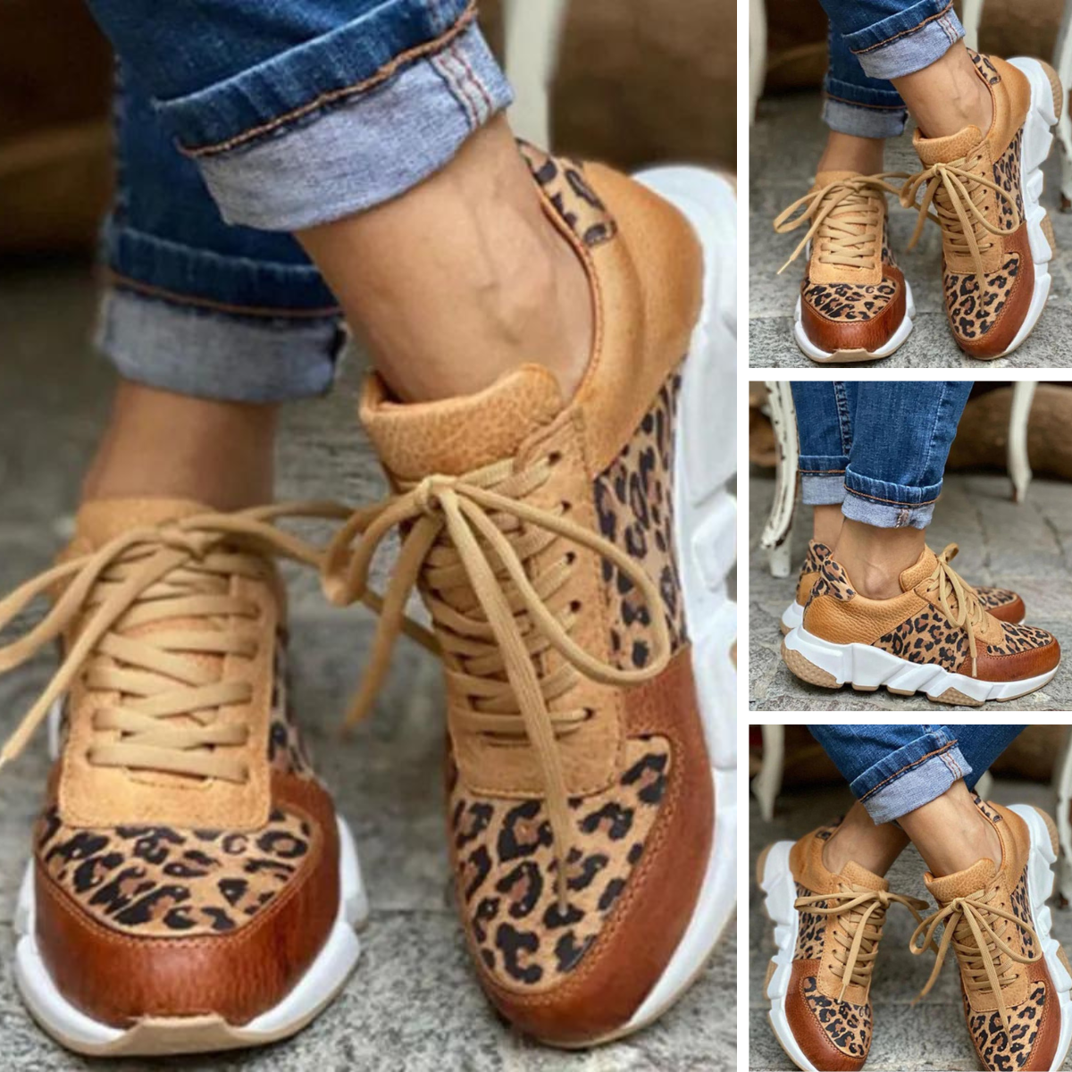 Sneakers med leopardmønster og tykk såle for dame – i PU