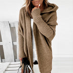 Lang oversized strikkejakke med hette for dame – myk cardigan med flaggermusermer
