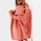 Lang oversized strikkejakke med hette for dame – myk cardigan med flaggermusermer