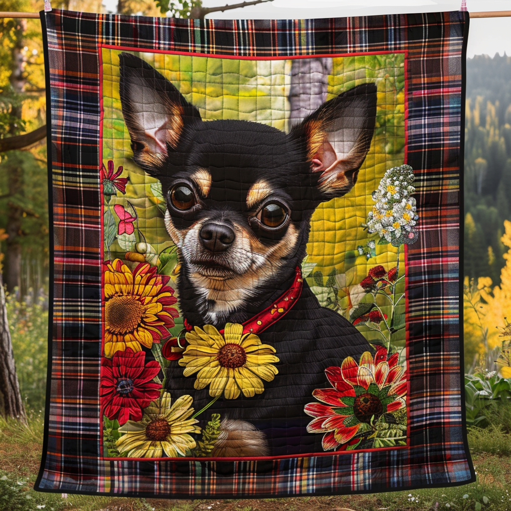 Quiltet pledd - Chihuahua i rutet solsikkehage
