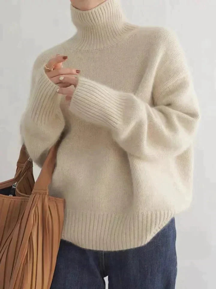 Elegant rullekragegenser for dame i finstrikk – tidløs basisgenser i beige, grå og kaki
