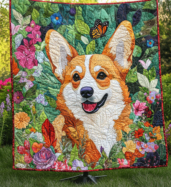 Quiltet pledd - Corgi i blomstereng