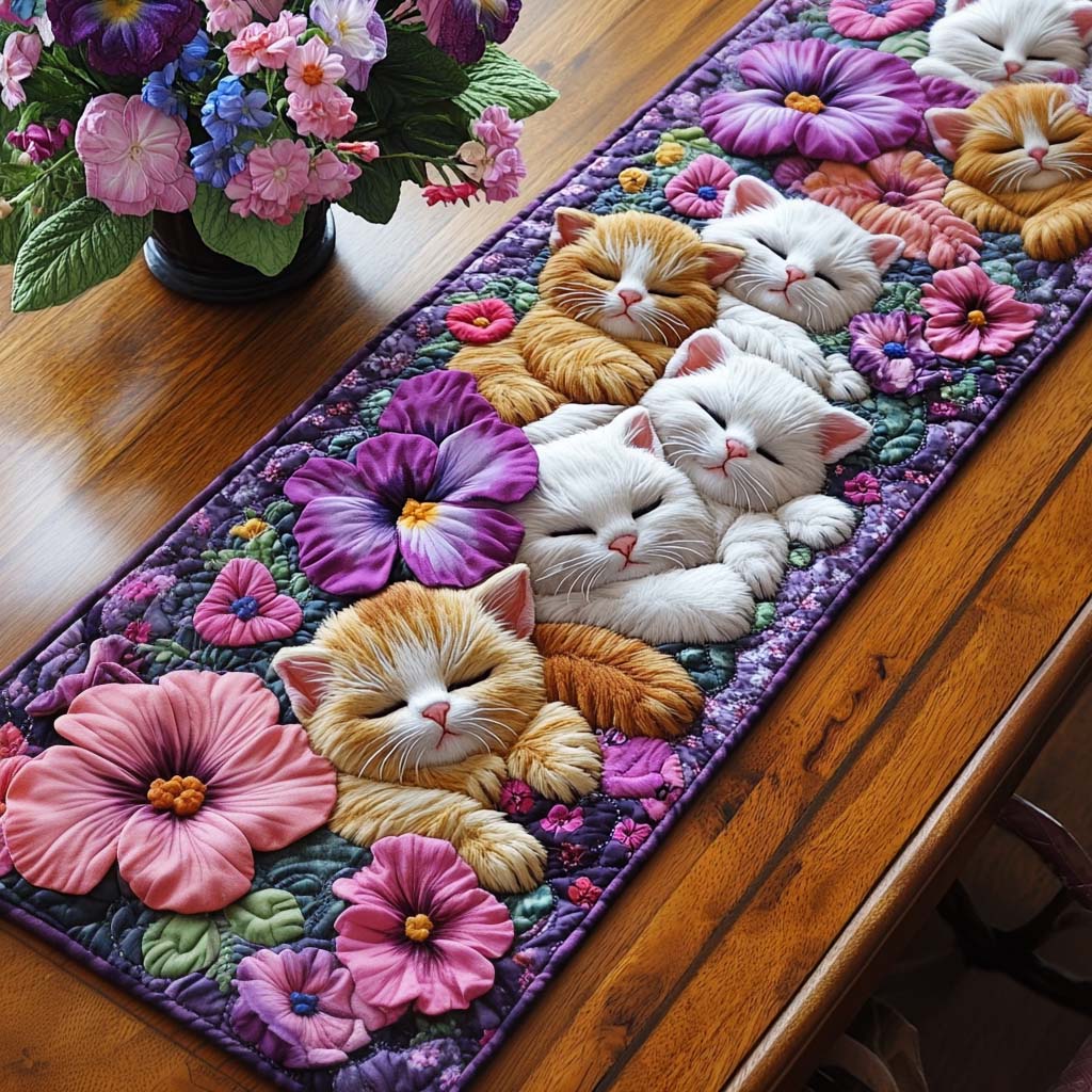 Bordløper - Katt som hviler blant blomster