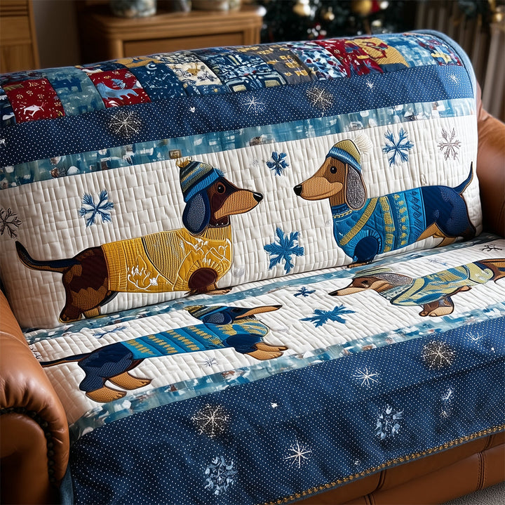Sofatrekk - Dachshundpar i blå patchwork