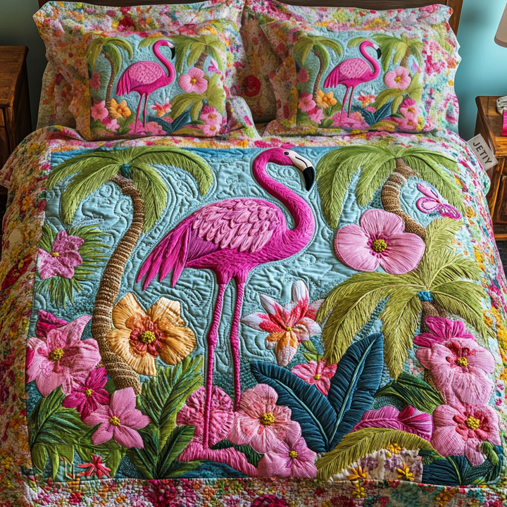 Sengesett 3 deler - Rosa flamingoer blant blomster