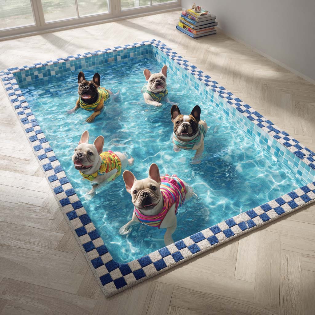 Teppe - Franske bulldogger i bassenget