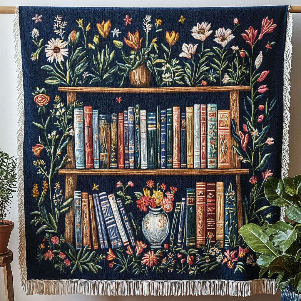 Vevd pledd - Bokhylle med blomster på marineblått