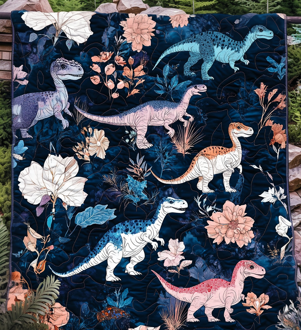Veggteppe - Dinosaurer og blomster på marineblått