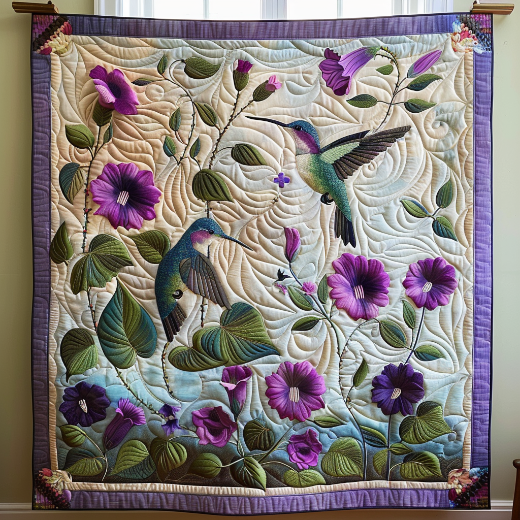 Quiltet pledd - Kolibri blant lilla klokkeblomster