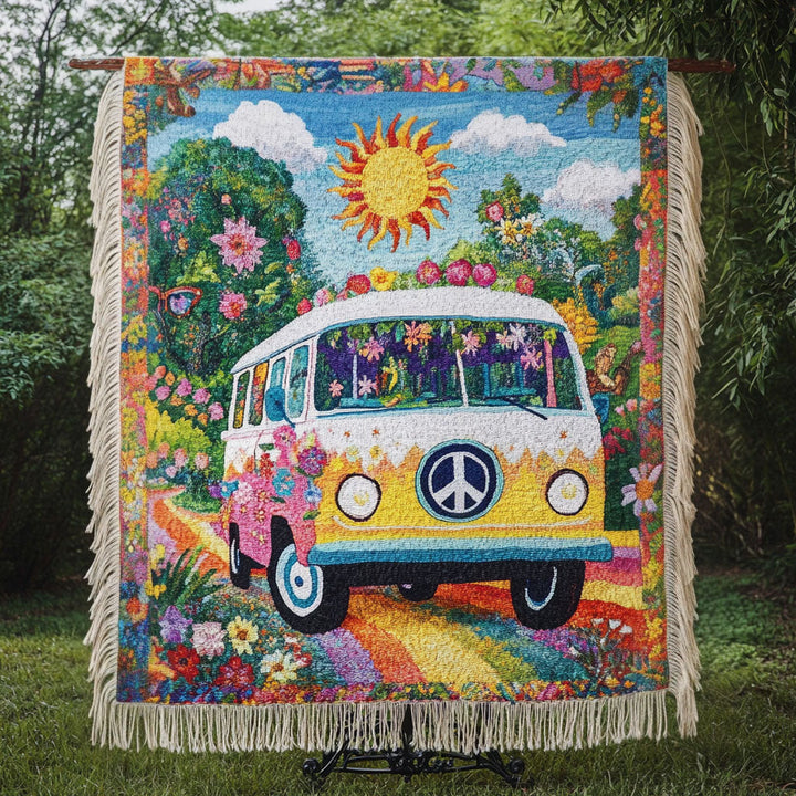 Vevd pledd - Flower power-buss
