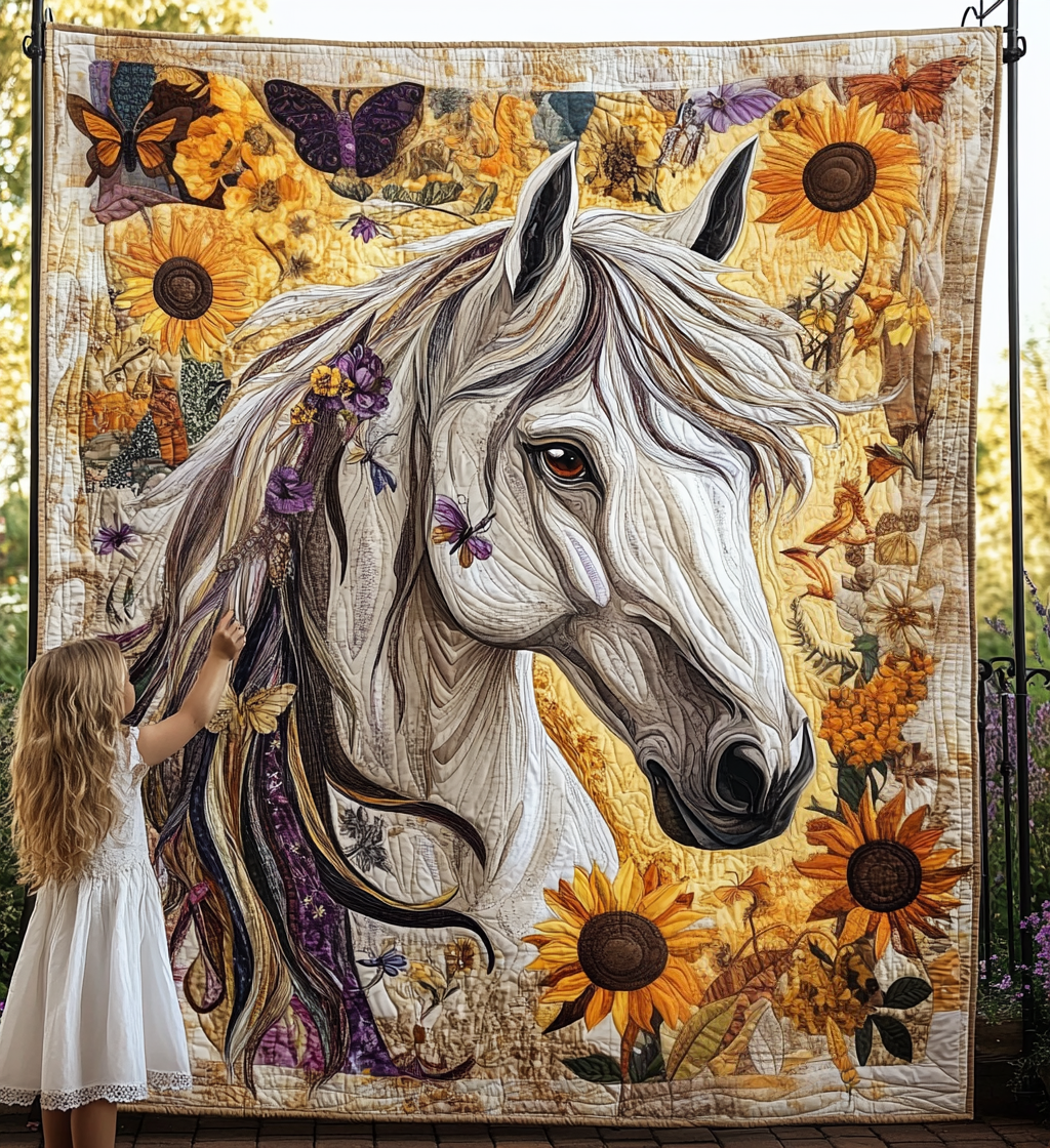 Veggteppe - Hvit hest i blomstereng