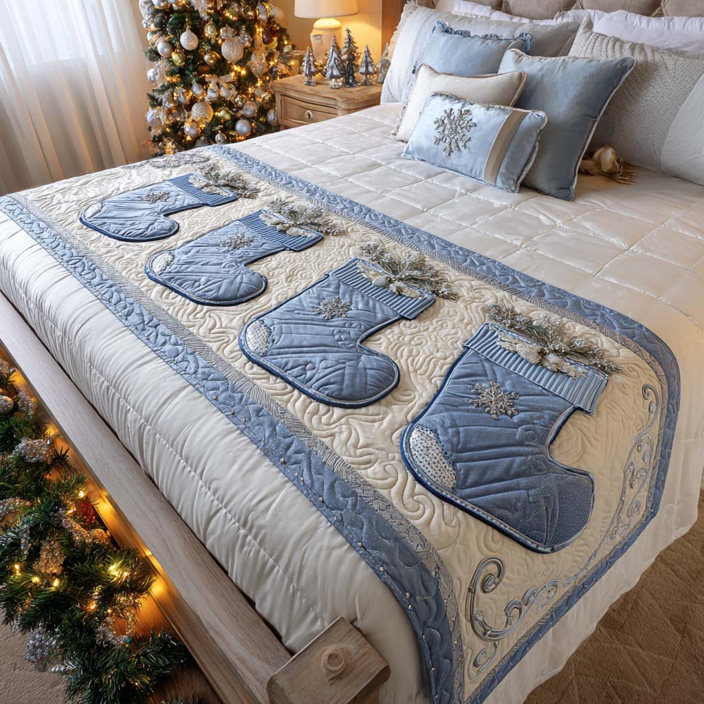 Sengeløper - Blå julestrømper i frost