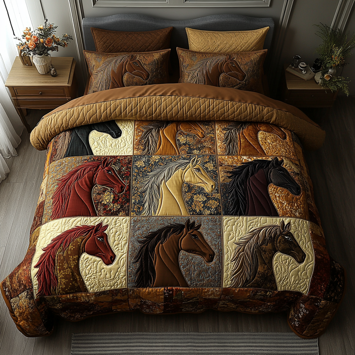 Sengesett 3 deler - Galopperende hester i patchwork