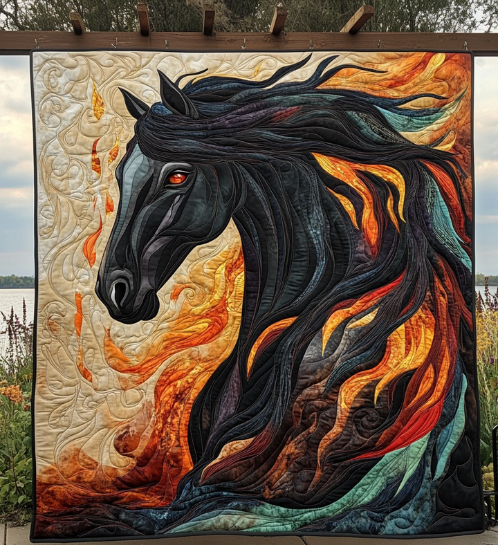 Veggteppe - Svart hest i flammer