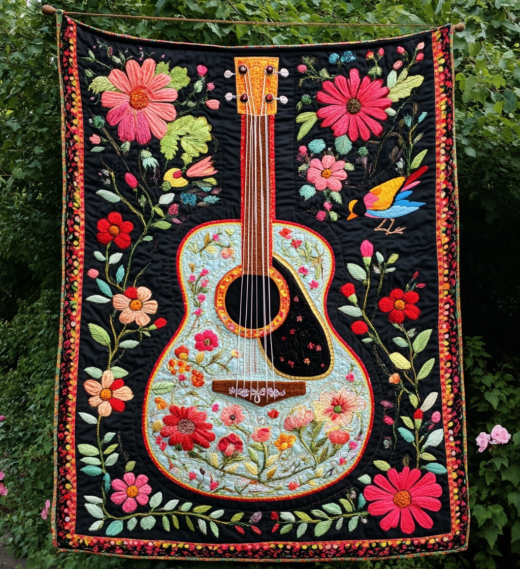 Veggteppe - Gitar med blomster