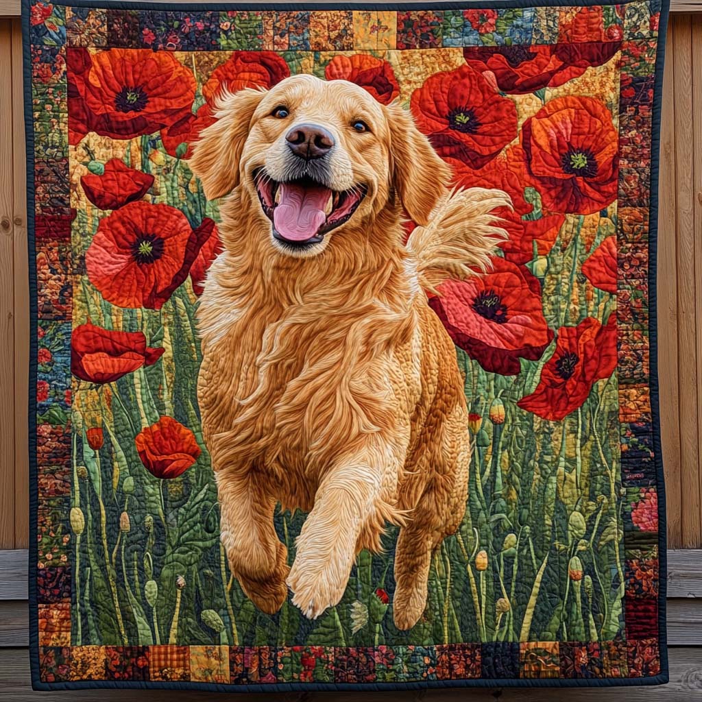 Quiltet pledd - Retriever blant valmuer