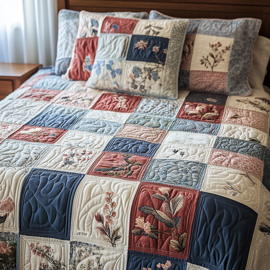 Sengesett 3 deler - Lun patchwork i dempede farger
