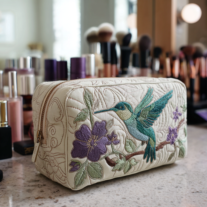 Sminkepung - Kolibri med lilla blomster på kremhvitt